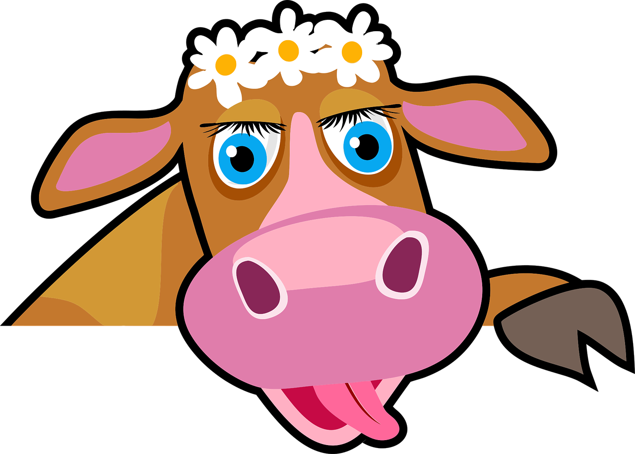 a cow with a flower crown on its head, a picture, by Hans Schwarz, pixabay, naive art, cute face big eyes and smiley, on black background, animated film, ham