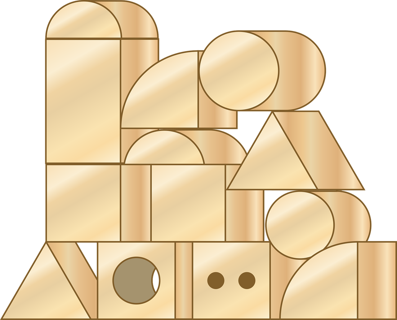 a group of geometric shapes on a black background, inspired by Louise Nevelson, cubism, clipart, gold metal, rounded architecture, building blocks