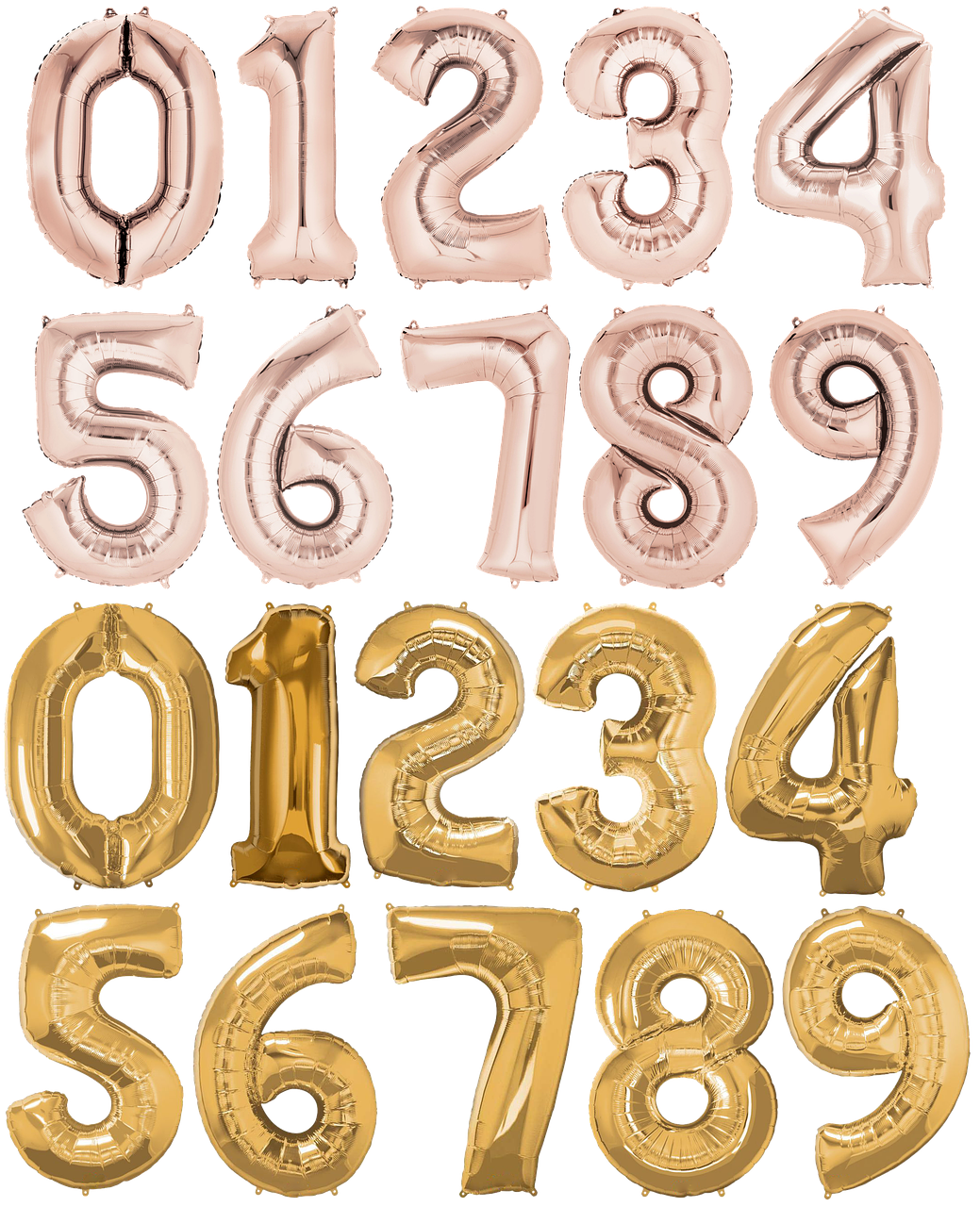 a bunch of balloons in the shape of numbers, 3 4 5 3 1, reverse, gold, large
