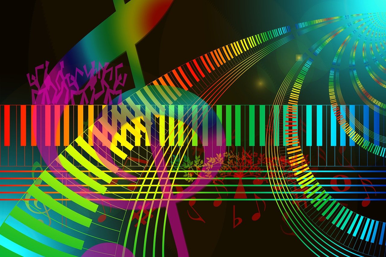 a close up of a piano keyboard with musical notes, a digital rendering, inspired by Yaacov Agam, computer art, colorful dark vector, neon landscape, a beautiful artwork illustration, strings background