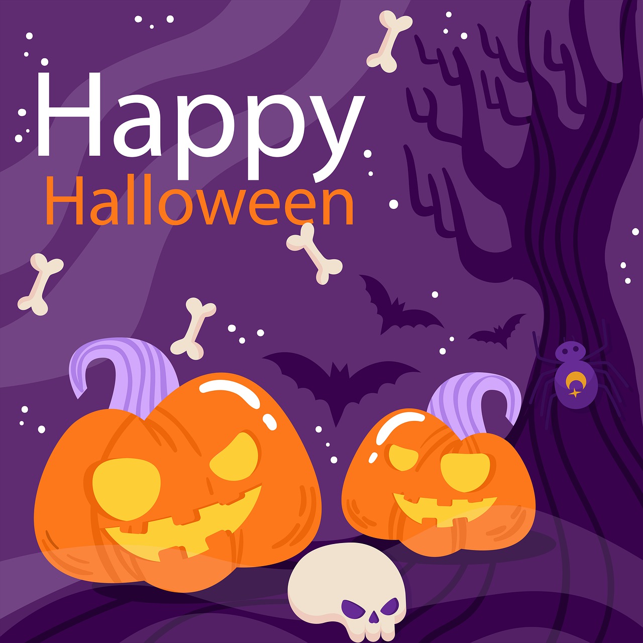 a couple of pumpkins sitting next to each other, an illustration of, violet colored theme, poster illustration, bone, happy