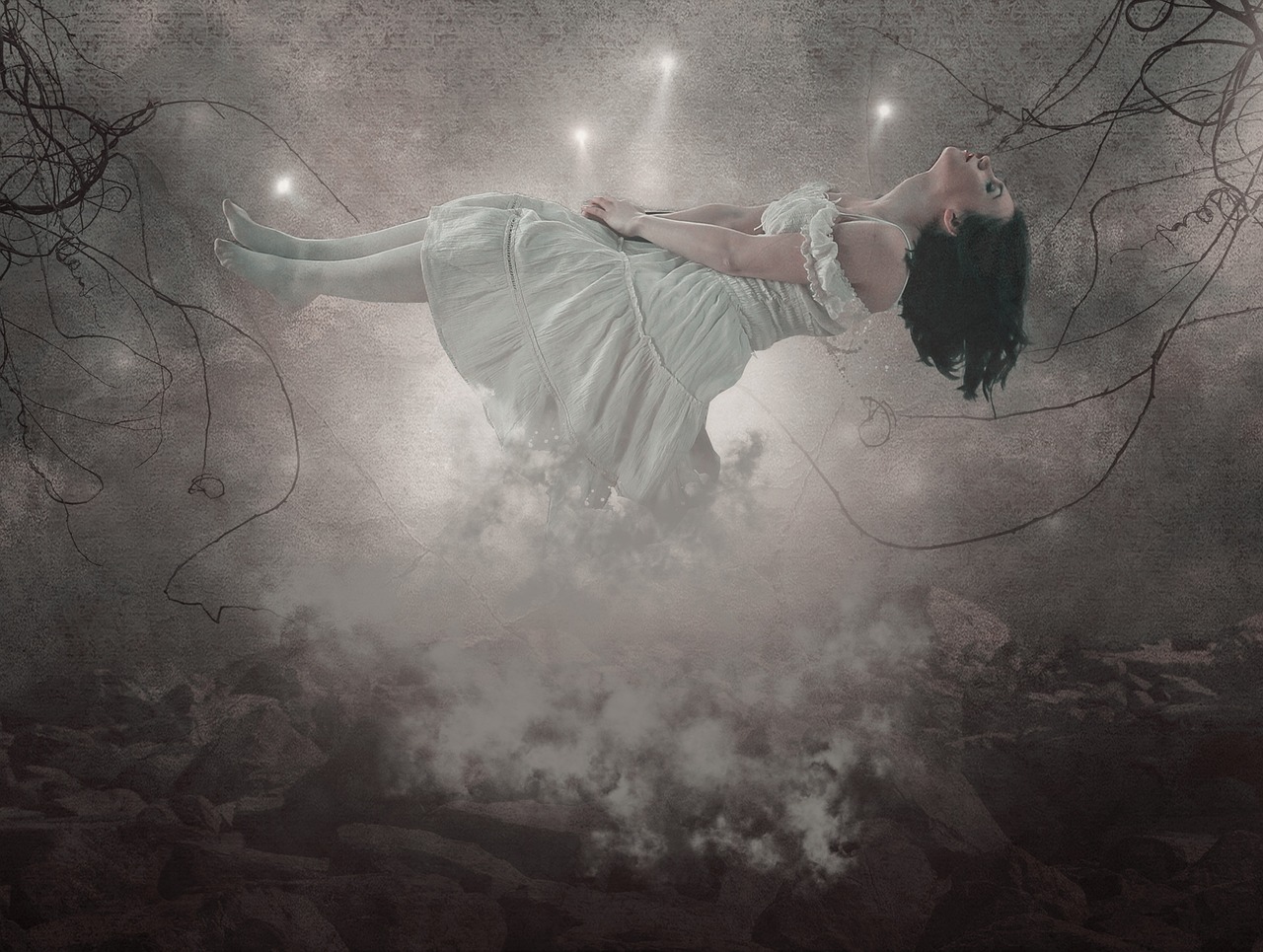 a woman in a white dress flying through the air, digital art, inspired by Brooke Shaden, lying down, photoshop render, shackled in the void, astral fairy