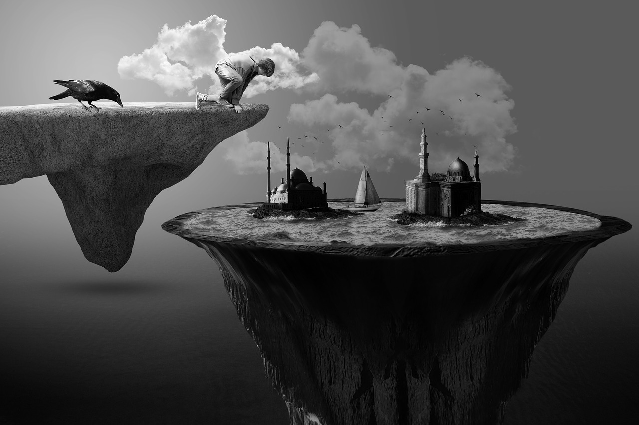 a black and white photo of a bird sitting on top of a cliff, a matte painting, inspired by Toshiko Okanoue, pixabay contest winner, surrealism, floating city on clouds, alex andreev, stepping on towers, islamic