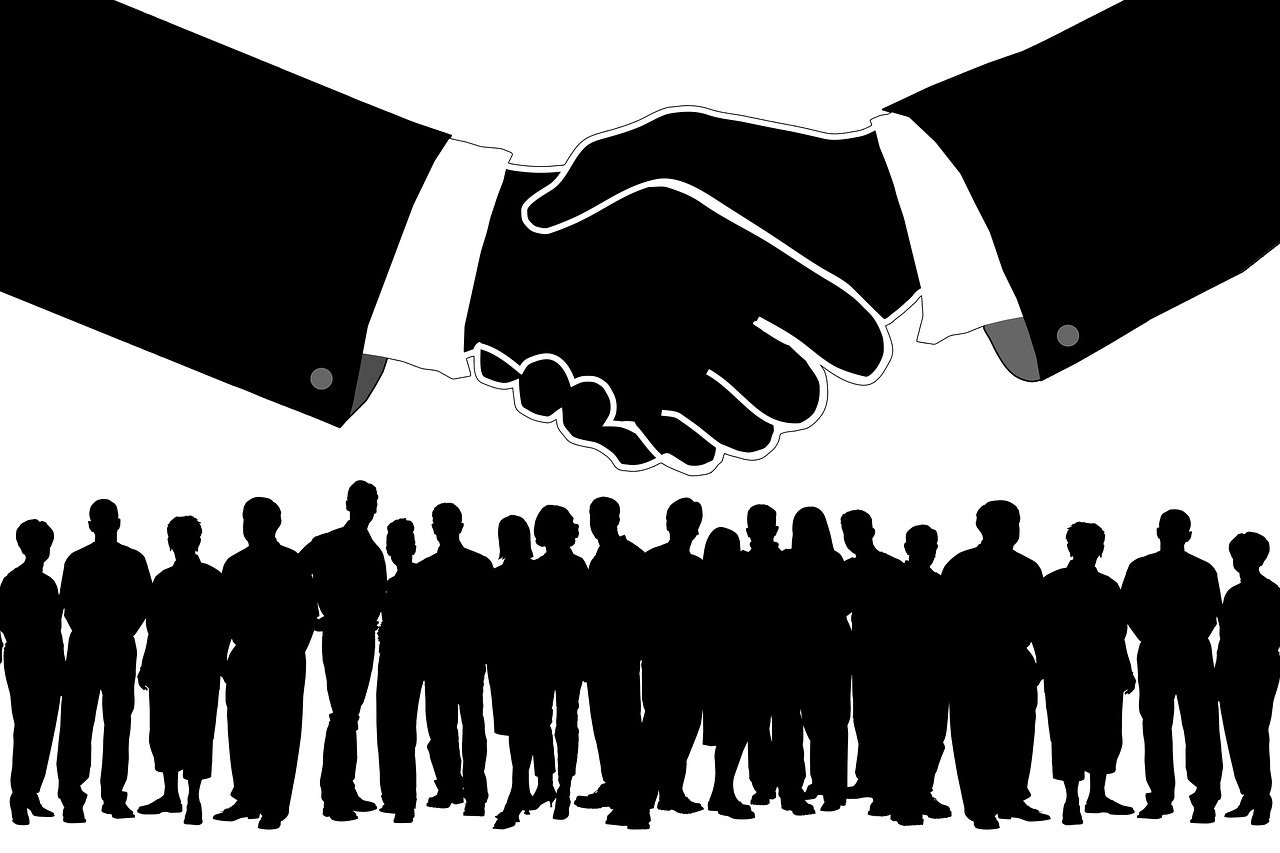 two men shaking hands in front of a group of people, pixabay, black on white background, c. r. stecyk iii, hoyte van hoytema, untitled