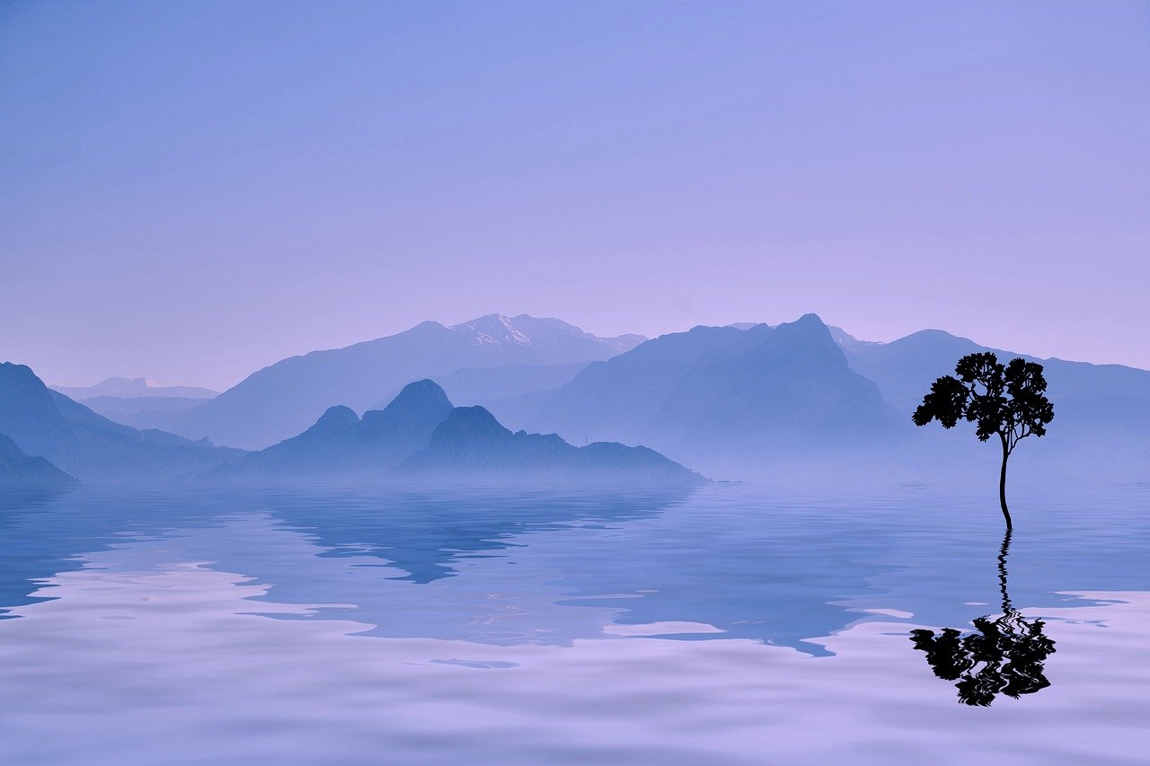 a lone tree in the middle of a body of water, a matte painting, inspired by Roger Dean, pixabay contest winner, romanticism, distant mountain range, reflective lavender ocean water, pale blue fog, greek fantasy panorama