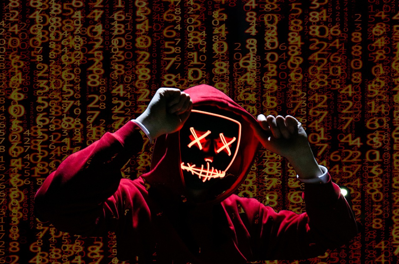 a person wearing a red hoodie with numbers in the background, digital art, by Bernard Meninsky, pexels, the masks come off at night, cyber neon lightings, bitcoin evil, wearing a dark hood
