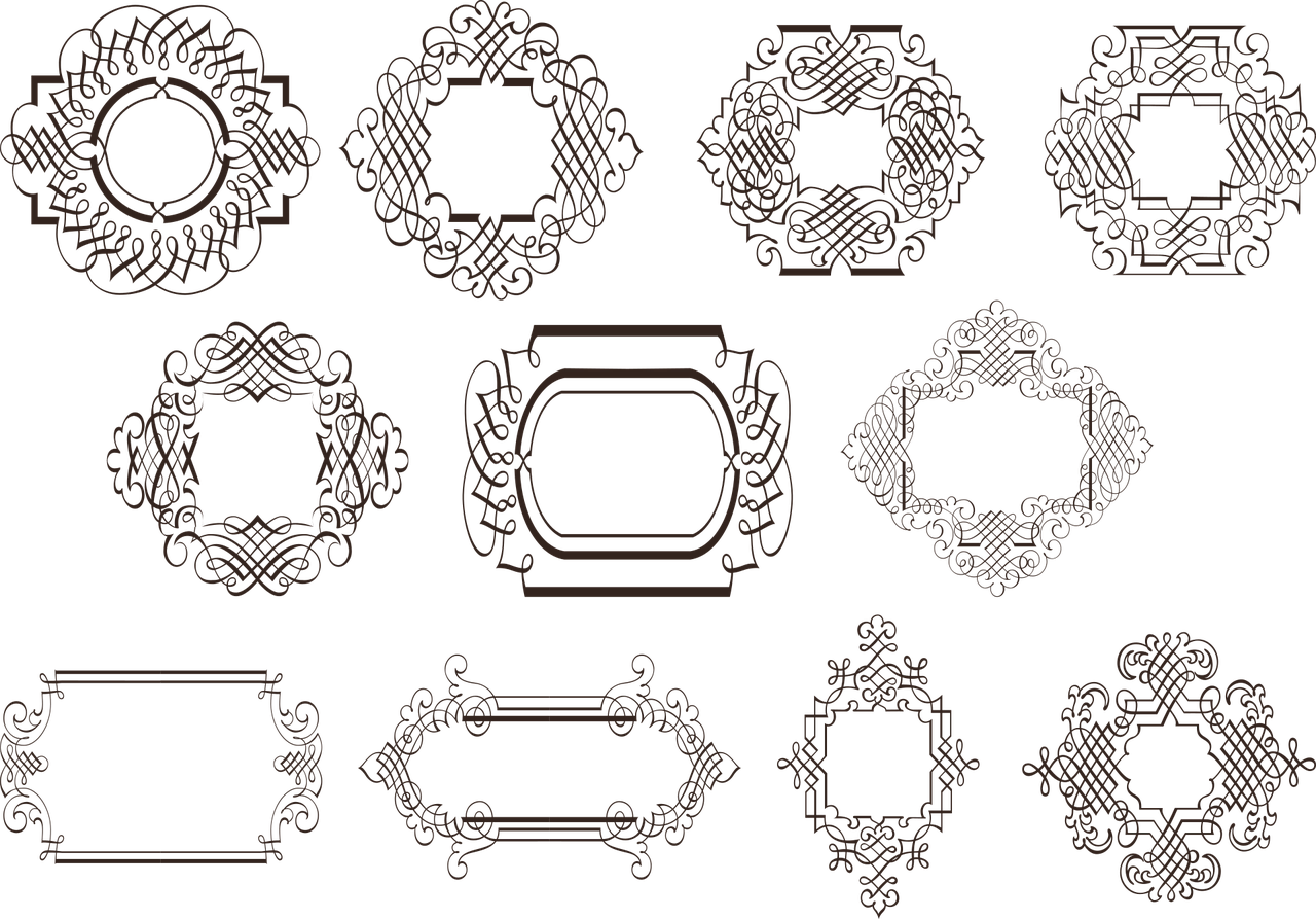 a set of decorative frames on a black background, a digital rendering, by Sun Long, deviantart, art nouveau, ancient china art style, wide screenshot, brown background, stylized thin lines