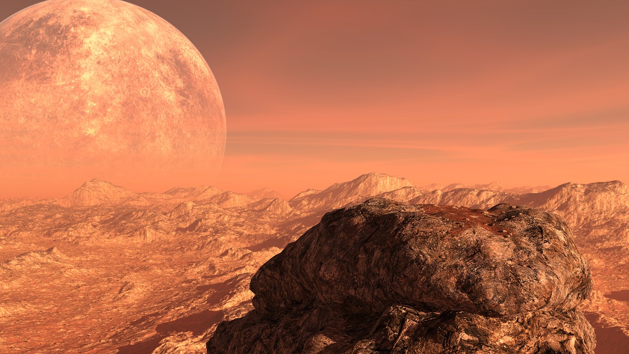 an artist's rendering of an alien landscape, trending on cg society, space art, mars vacation photo, huge red moon, distant mountains lights photo