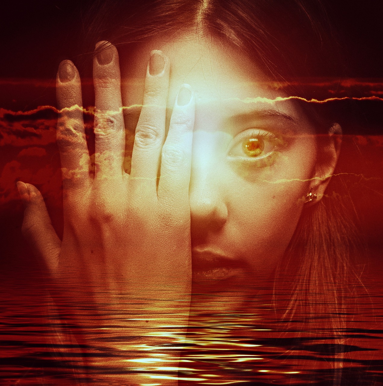 a woman holding her hands in front of her face, by Kurt Roesch, shutterstock, surrealism, intense watery glowing red eyes, red lake, conjuring psychedelic background, horror movie poster style