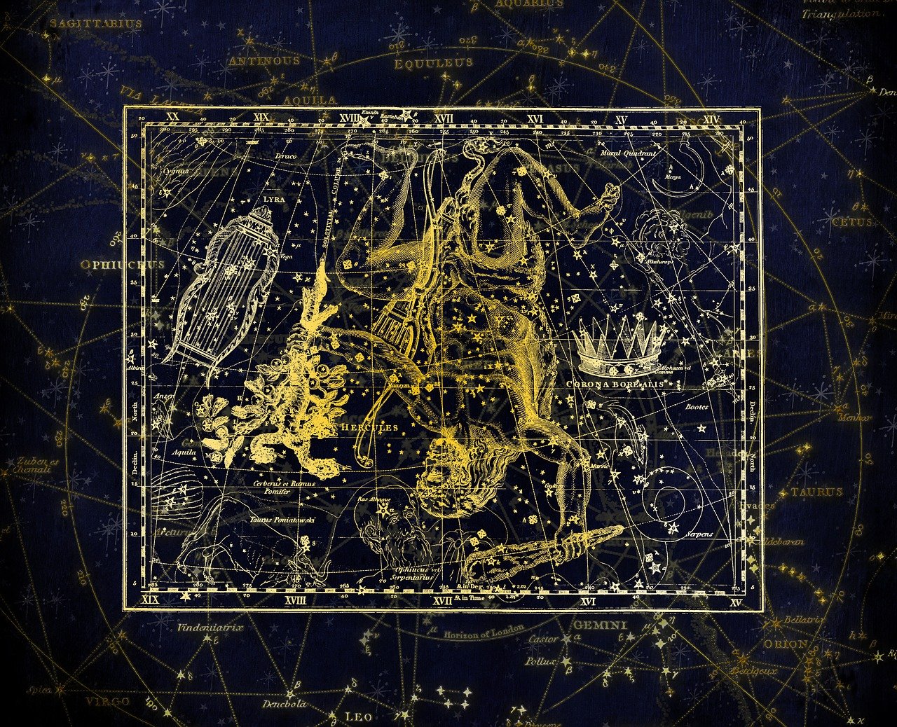 a picture of a map of the night sky, by Zofia Stryjenska, shutterstock, space art, old-fashioned tarot card, london, gemini gold cloth, amazingly composed image