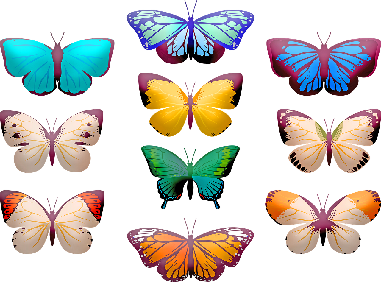 a bunch of different colored butterflies on a black background, vector art, by Marie Bashkirtseff, shutterstock, hurufiyya, psd spritesheet, stylized 3 d graphics, game icon asset, full body close-up shot