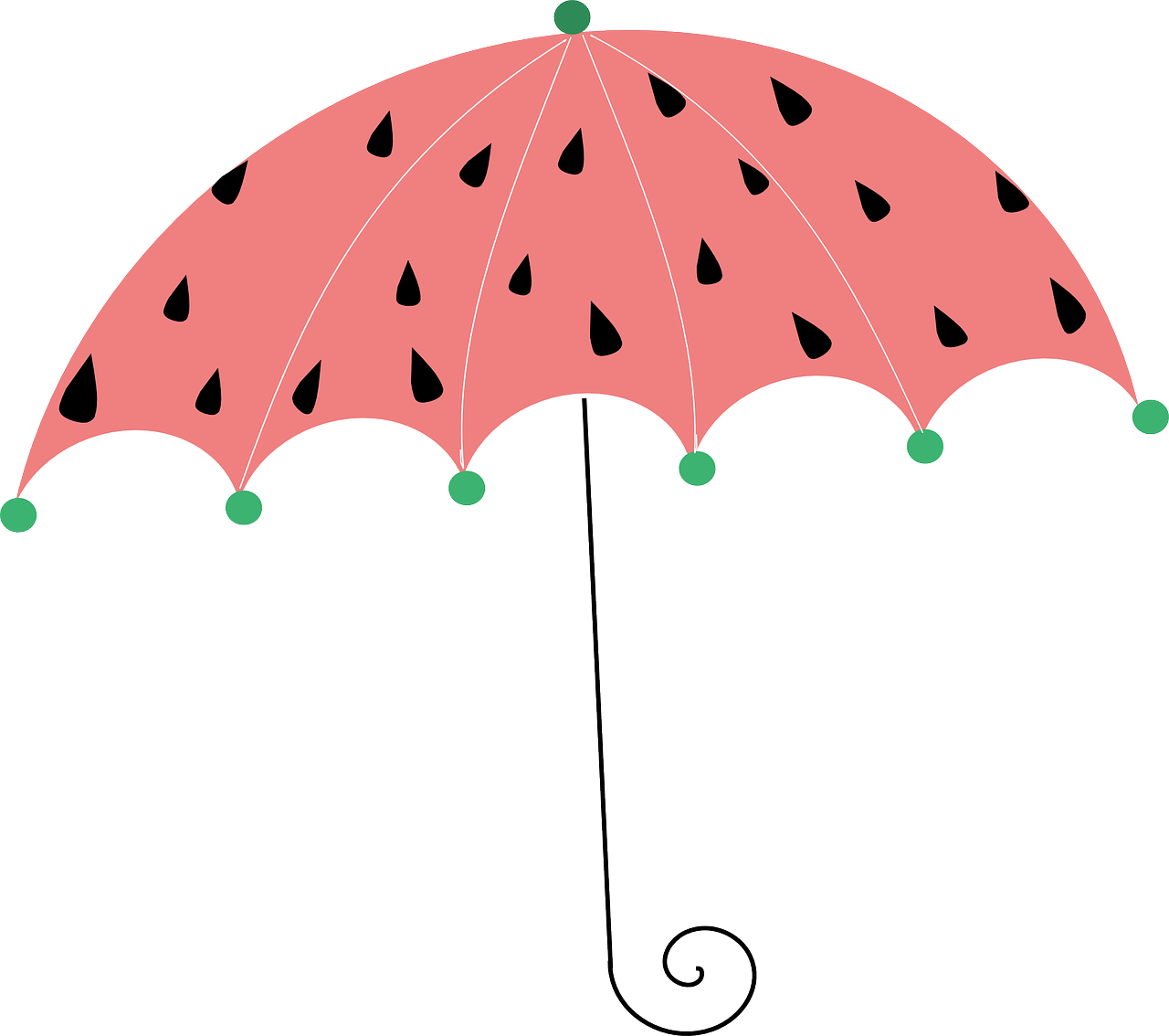 a watermelon umbrella with rain drops on it, inspired by Masamitsu Ōta, clip art, peach embellishment, unwind!, red and black color scheme