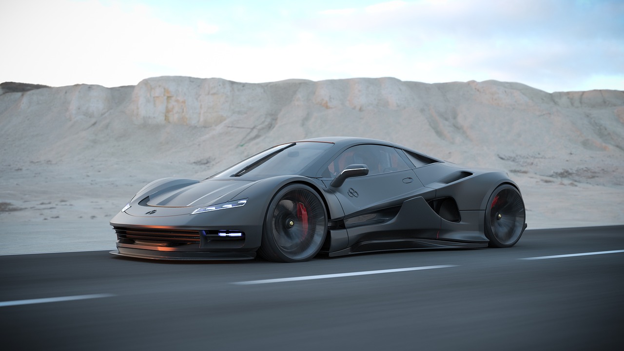 a black sports car driving on a desert road, a 3D render, inspired by Harry Haenigsen, trending on polycount, hypermodernism, mclaren f1, octane render h 1024, futuristic look, front perspective