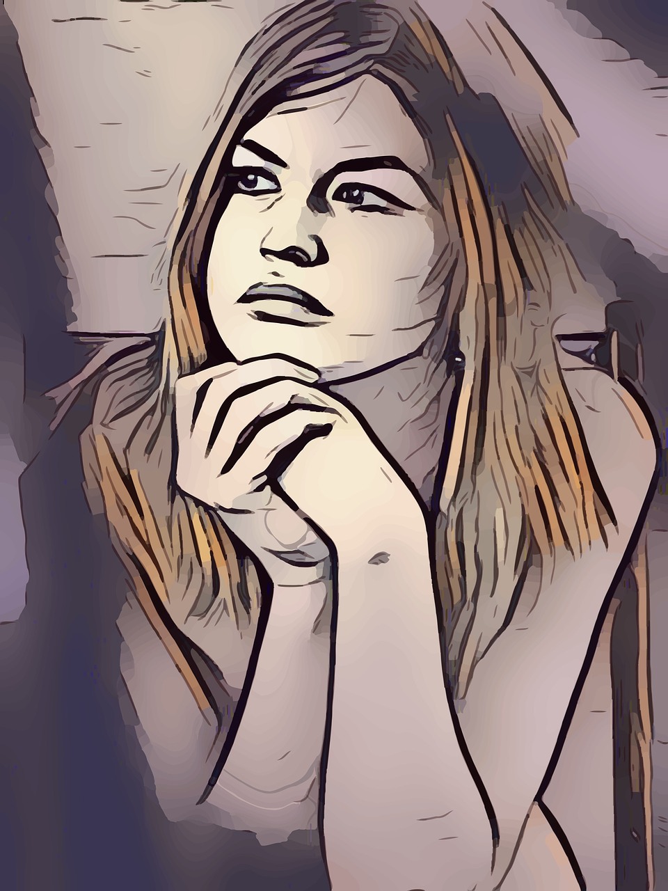 a drawing of a woman with her hand on her chin, a digital painting, digital art, graphic novel style, portrait of depressed teen, relaxed expression, heavy outlines