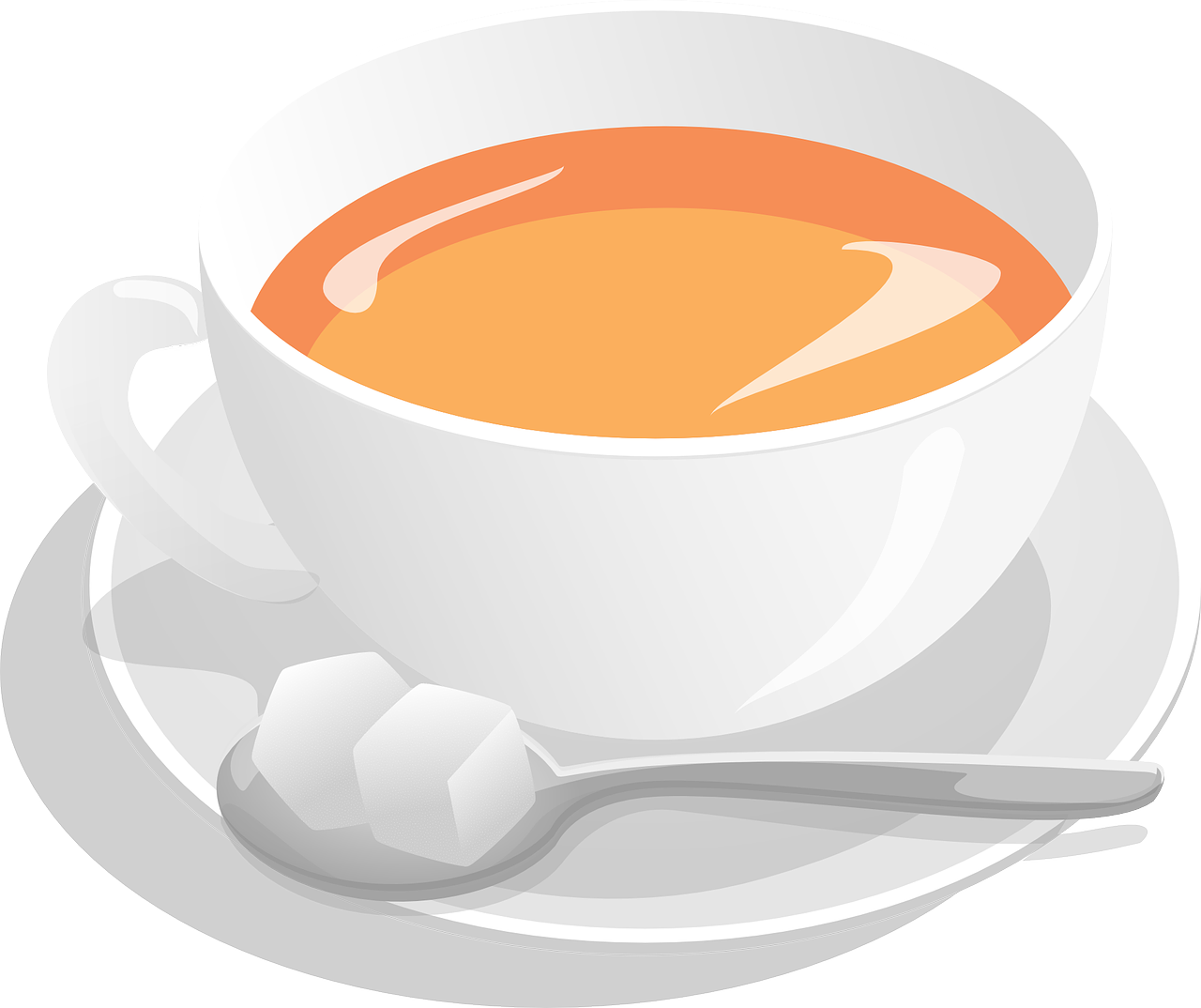 a cup of tea with a spoon on a saucer, a digital rendering, shutterstock, pop art, white and orange, sugar, top, wikimedia commons