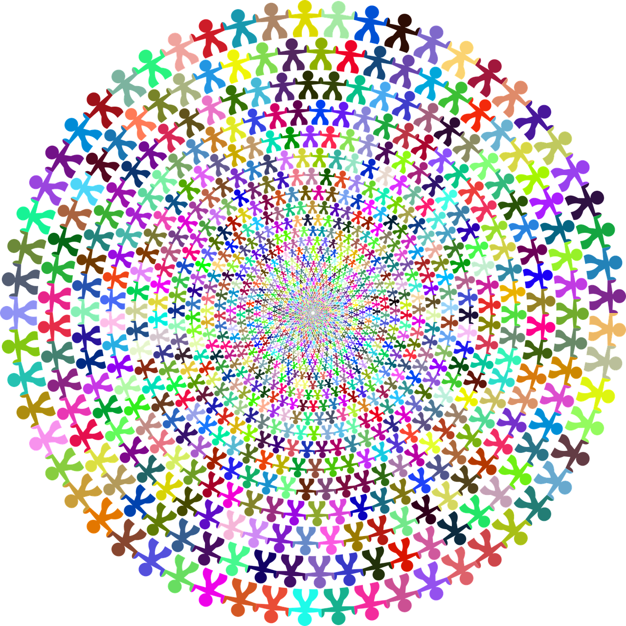 multicolored flowers arranged in a circle on a black background, inspired by Benoit B. Mandelbrot, generative art, no gradients, sierpinski gasket, ornate patterned people, twirly