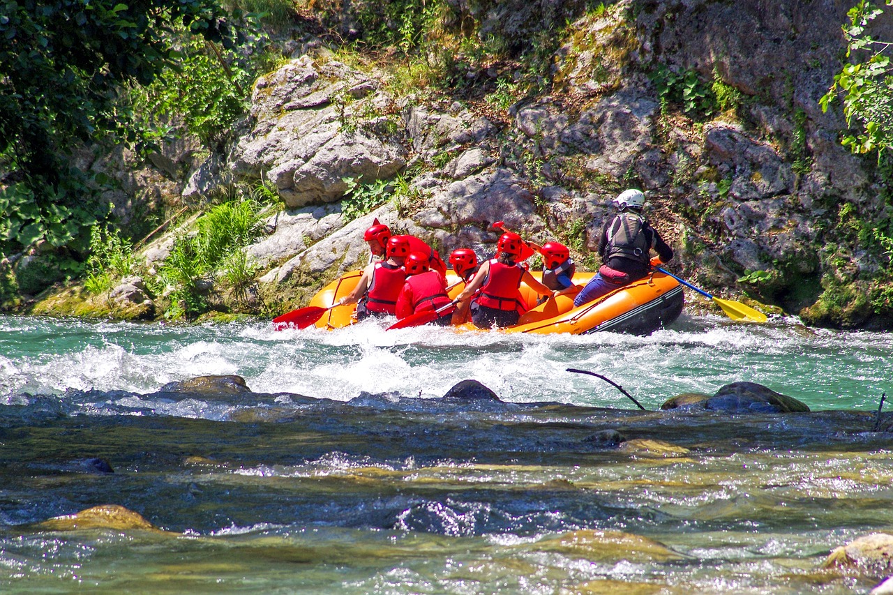 a group of people riding a raft down a river, a photo, by Mirko Rački, shutterstock, seams, instruction, panels, cinnabar