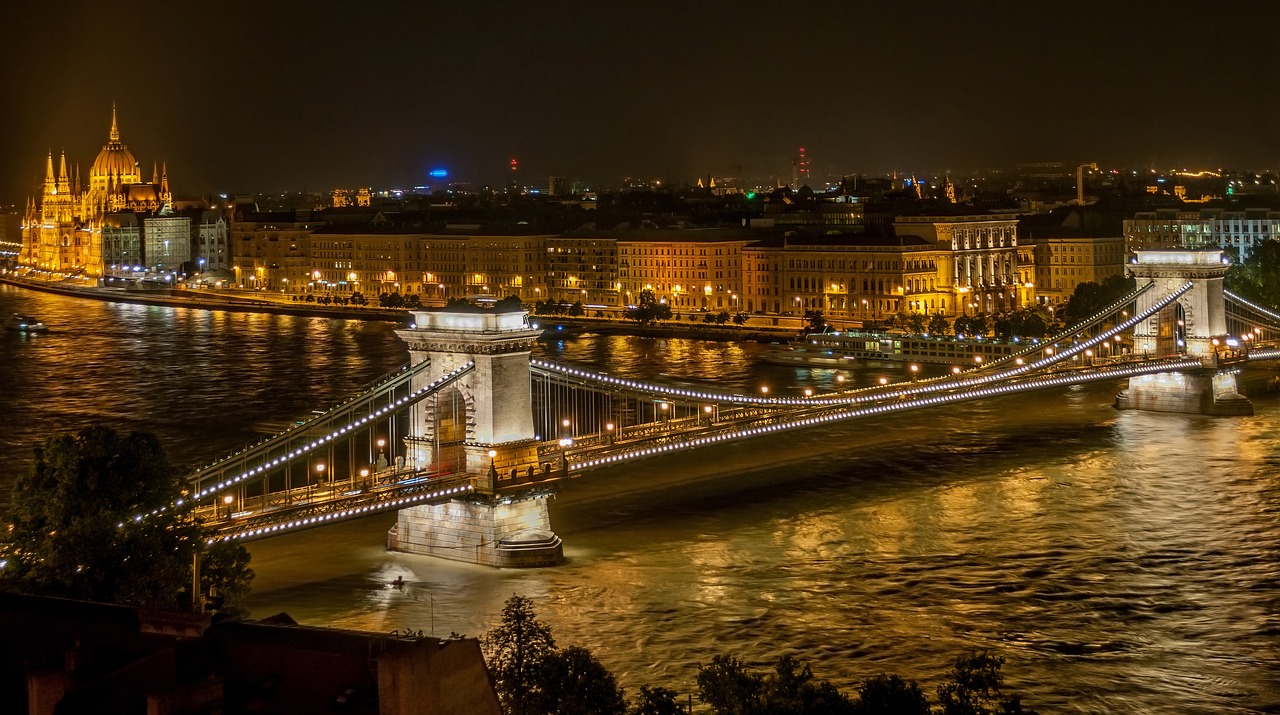 a view of a bridge over a river at night, by Adam Szentpétery, pexels contest winner, budapest, panoramic, closeup - view, benjamin vnuk