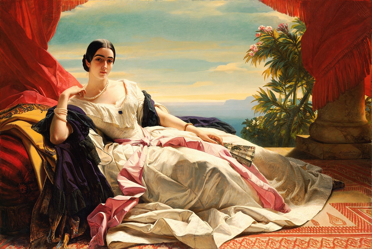 a painting of a woman sitting on a couch, a fine art painting, inspired by Franz Xaver Winterhalter, majestic view, giuseppe dangelico pino, frederic thomas cole, jules julien
