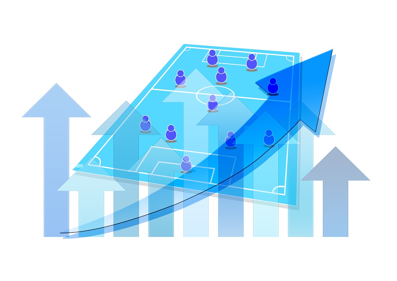 a group of people standing on top of a soccer field, an illustration of, game scene graph, arrow, blue - print, tactical