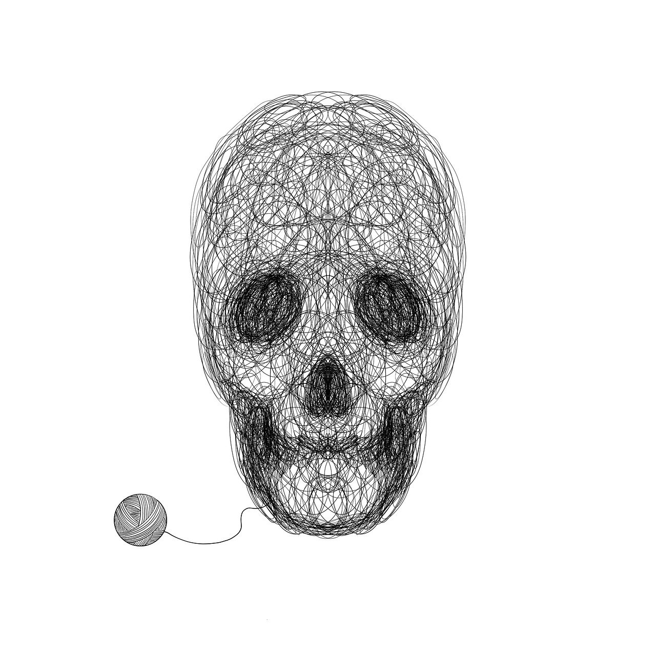 a drawing of a skull and a ball of yarn, a digital rendering, by Shinji Aramaki, generative art, thick vector line art, hamlet, high detail illustration, full width