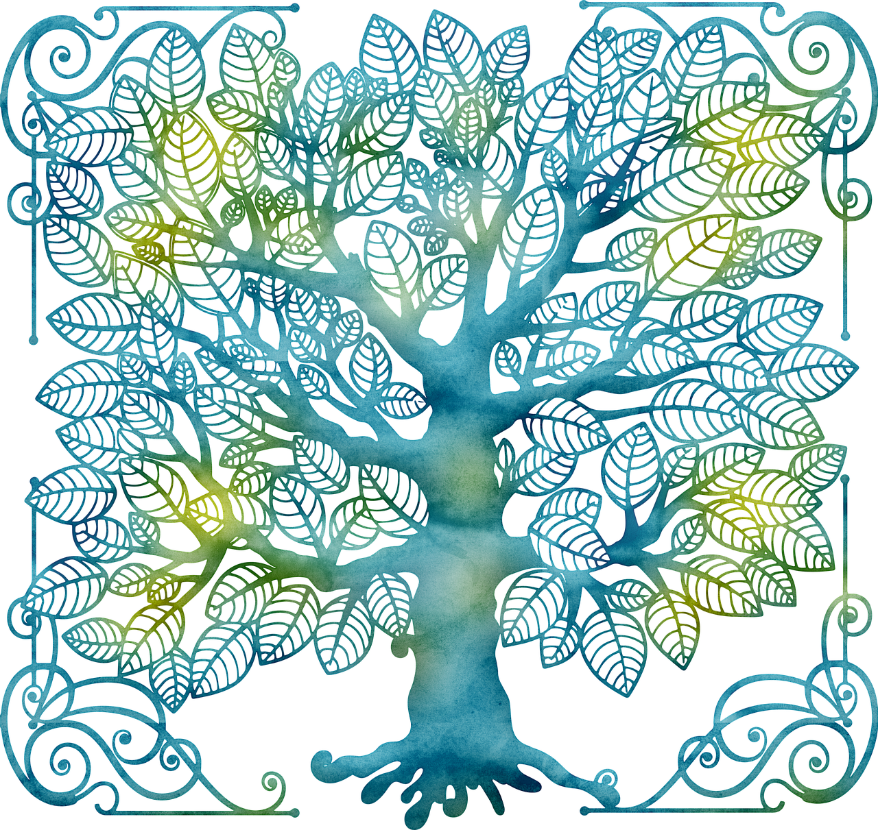 a painting of a blue tree with green leaves, a digital rendering, inspired by Edgar Schofield Baum, art nouveau, fine filigree foliage lace, blacklight reactive, masterful detailed watercolor, looks like a tree silhouette