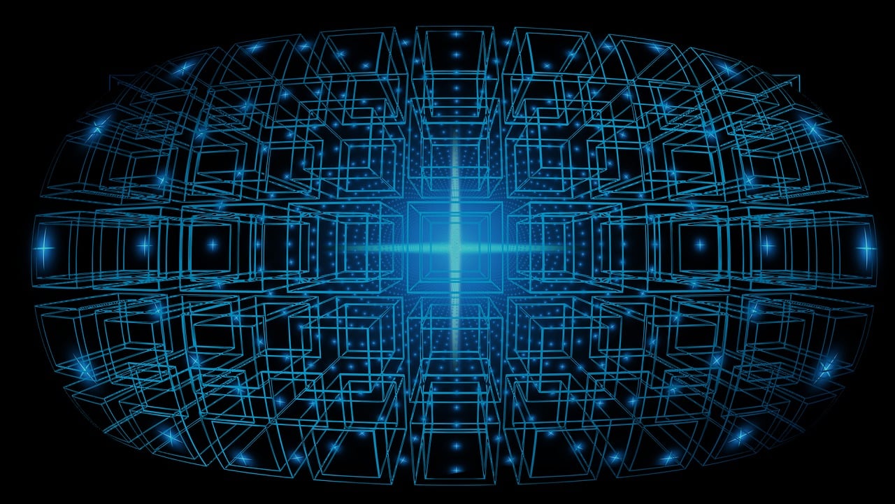 a close up of a circular object on a black background, digital art, shutterstock, borg cube, detailed grid as background, glowing blue interior components, line vector art