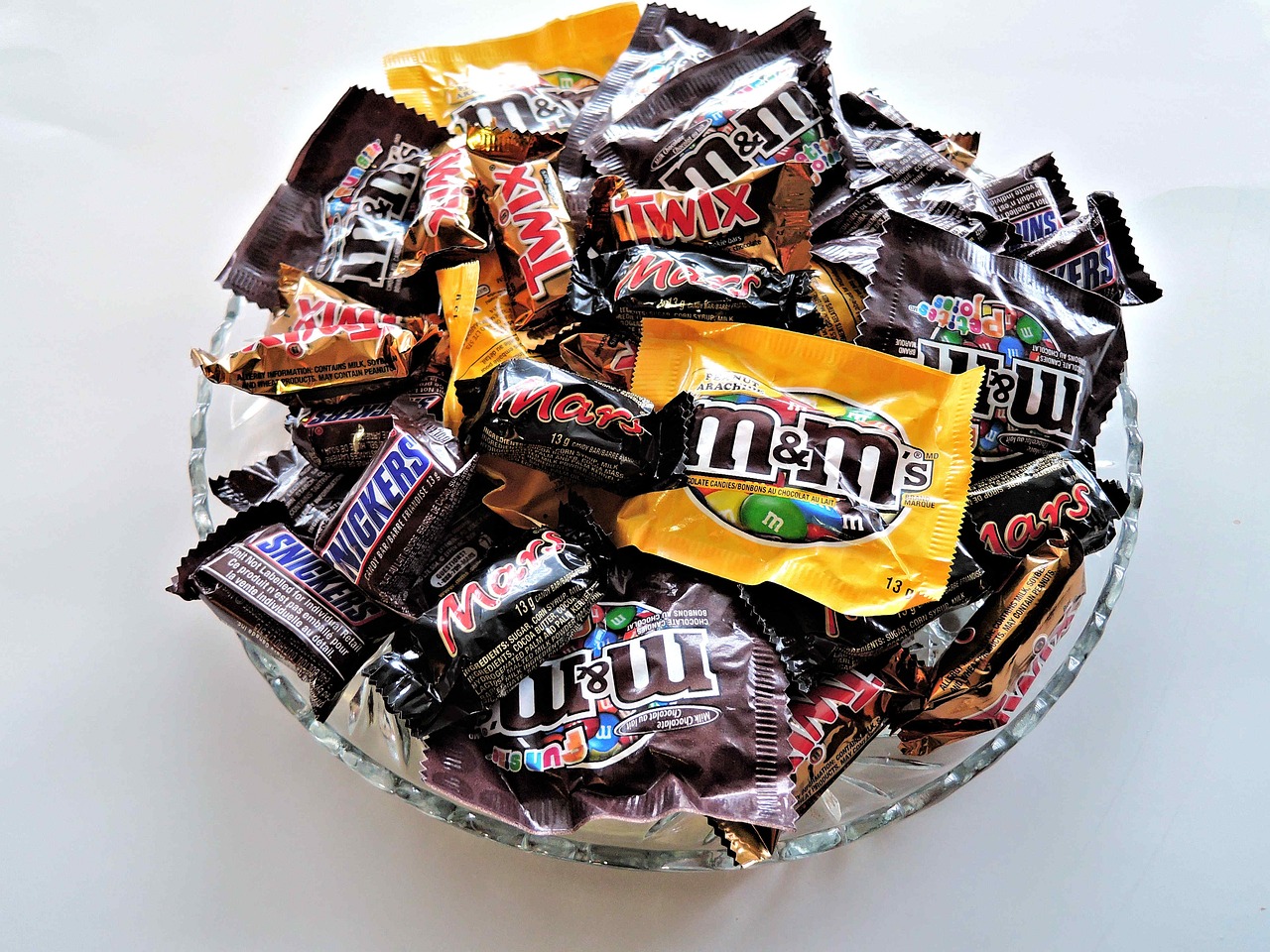 a bowl of candy sitting on top of a table, by Linda Sutton, mars candy bars, black, many mouths, all rights reserved