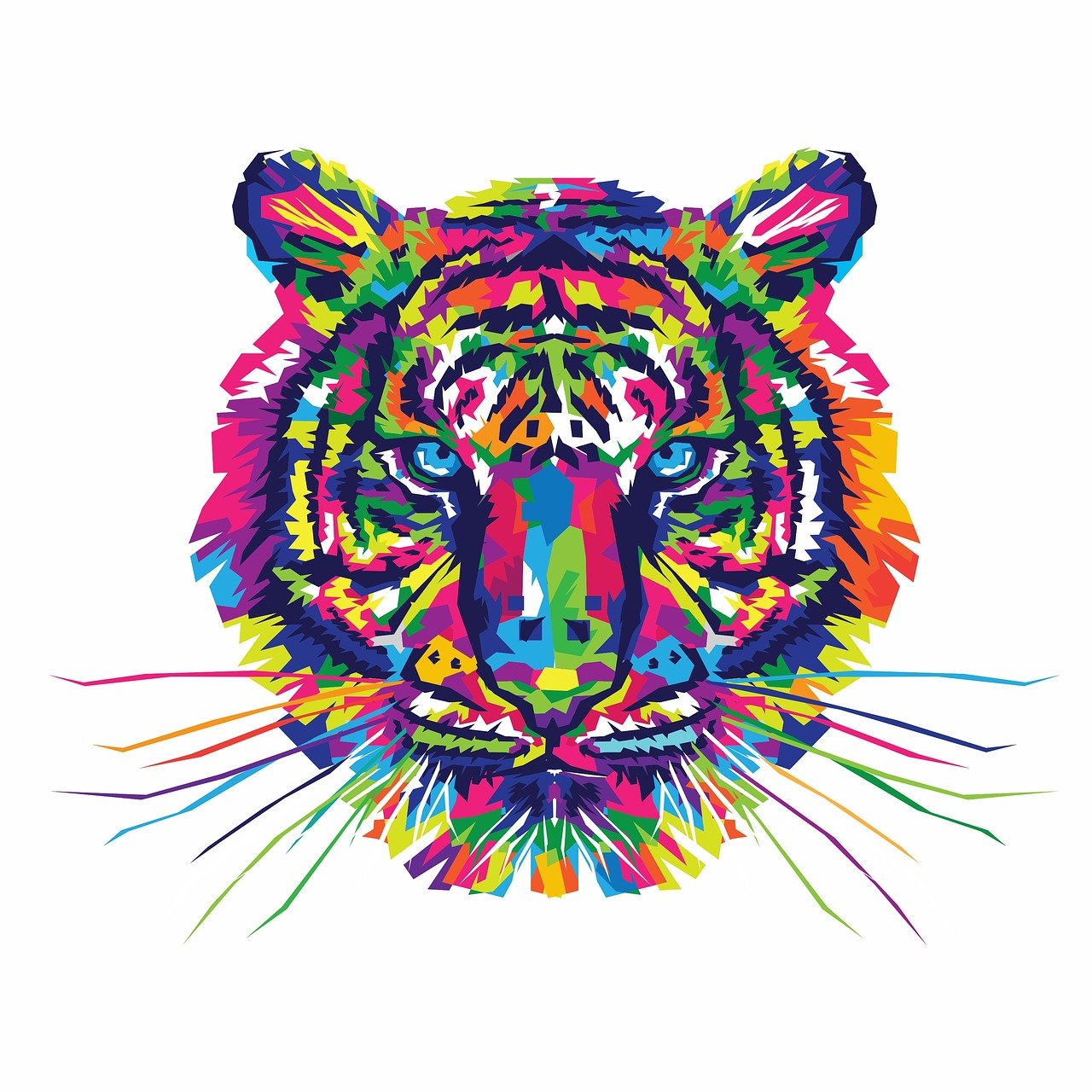 a close up of a tiger's face on a white background, vector art, inspired by Lisa Frank, neo-fauvism, multicolored tshirt art, a beautiful artwork illustration, highres, full body close-up shot
