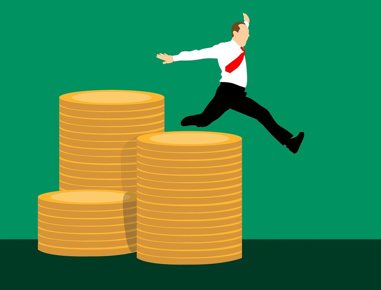 a man jumping over a stack of coins, an illustration of, figuration libre, full res, business, a green, high class