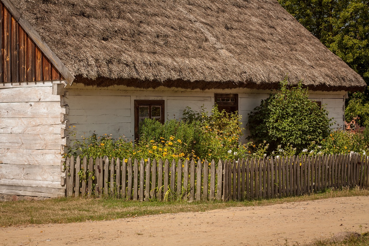 a small white house with a thatched roof, a portrait, by Jan Stanisławski, shutterstock, rough wooden fence, shot on nikon z9, summer day, flowers around