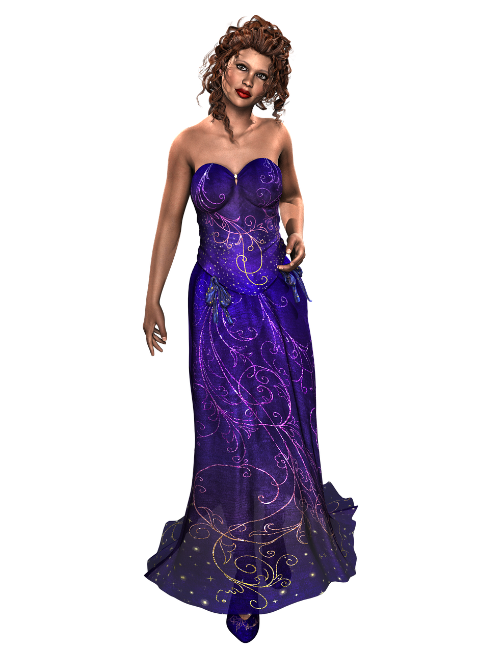 a woman in a purple dress poses for a picture, a 3D render, inspired by Isobelle Ann Dods-Withers, cg society contest winner, art nouveau, elegant evening gowns!, epic 3 d oshun, gorgeous stella maeve magician, with haunted eyes and curly hair