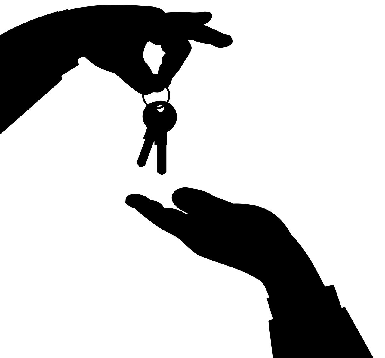 a person holding a key to another person's hand, an illustration of, by Hugh Hughes, pixabay, black and white vector, an estate agent listing photo, empty hands, floating