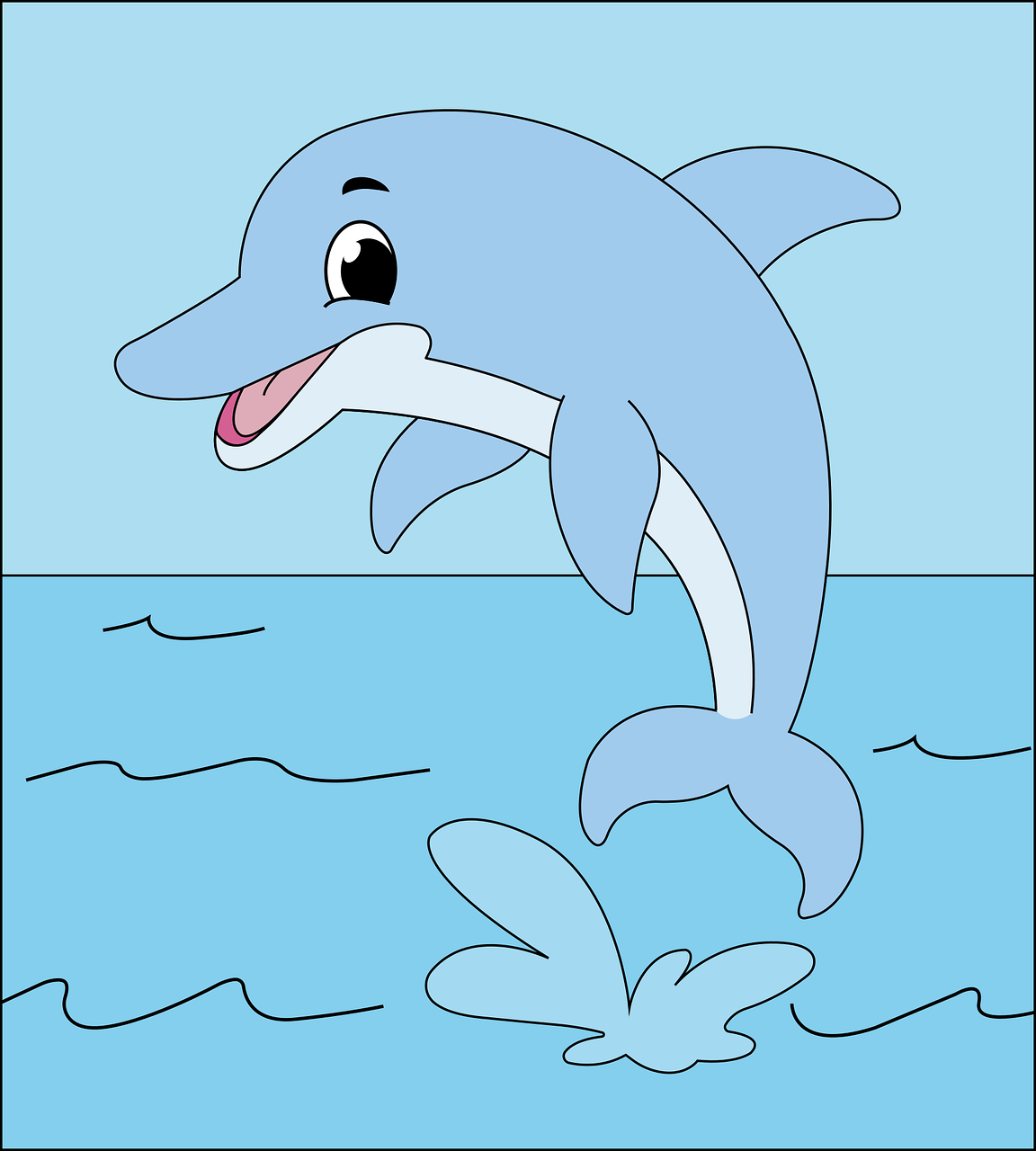 a cartoon dolphin jumping out of the water, vector art, illustration for children, colored accurately, colouring pages, backpfeifengesicht