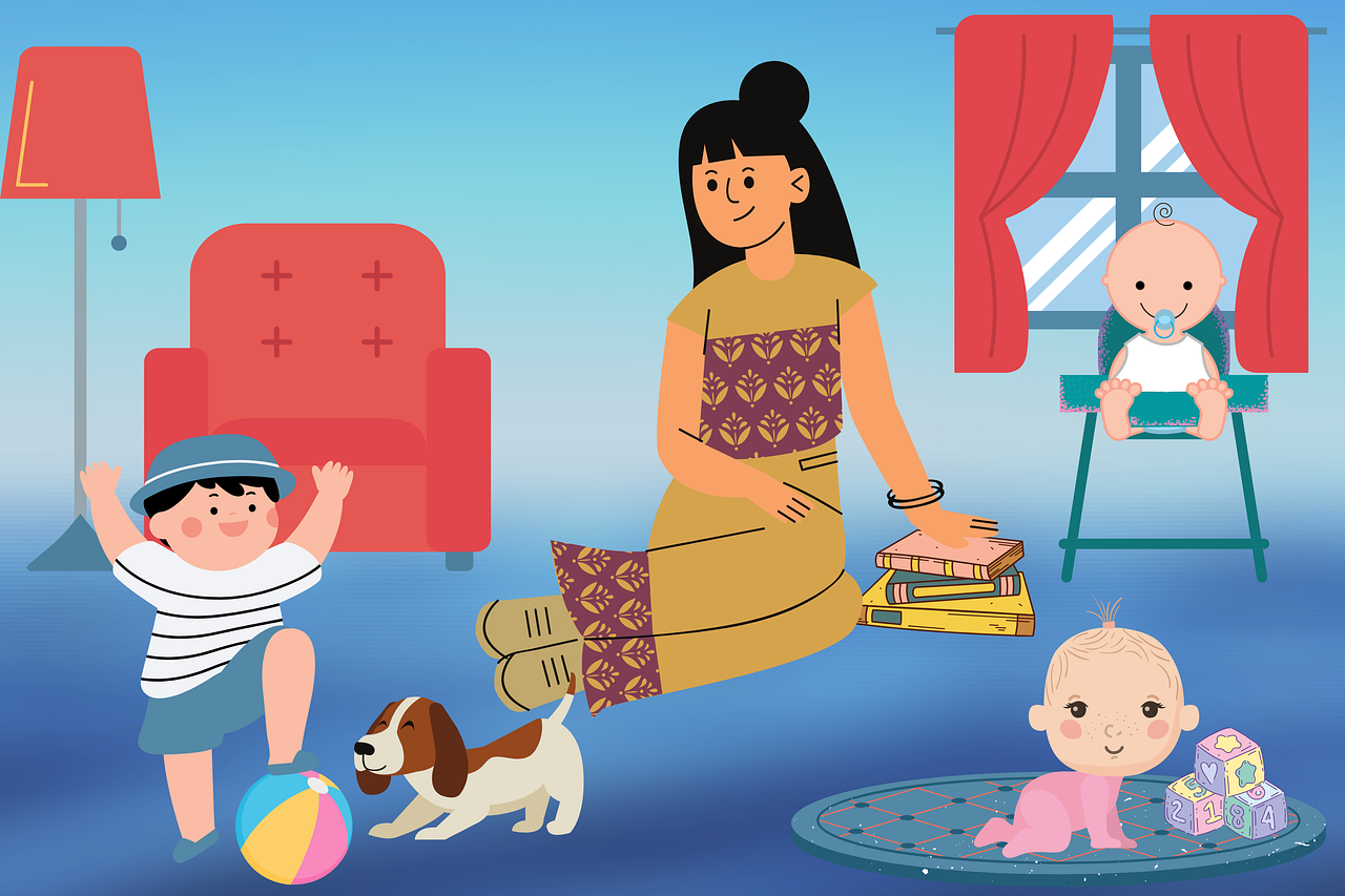 a woman sitting on a chair with two babies and a dog, a storybook illustration, shutterstock contest winner, assamese, busy room, wikihow illustration, full body close-up shot