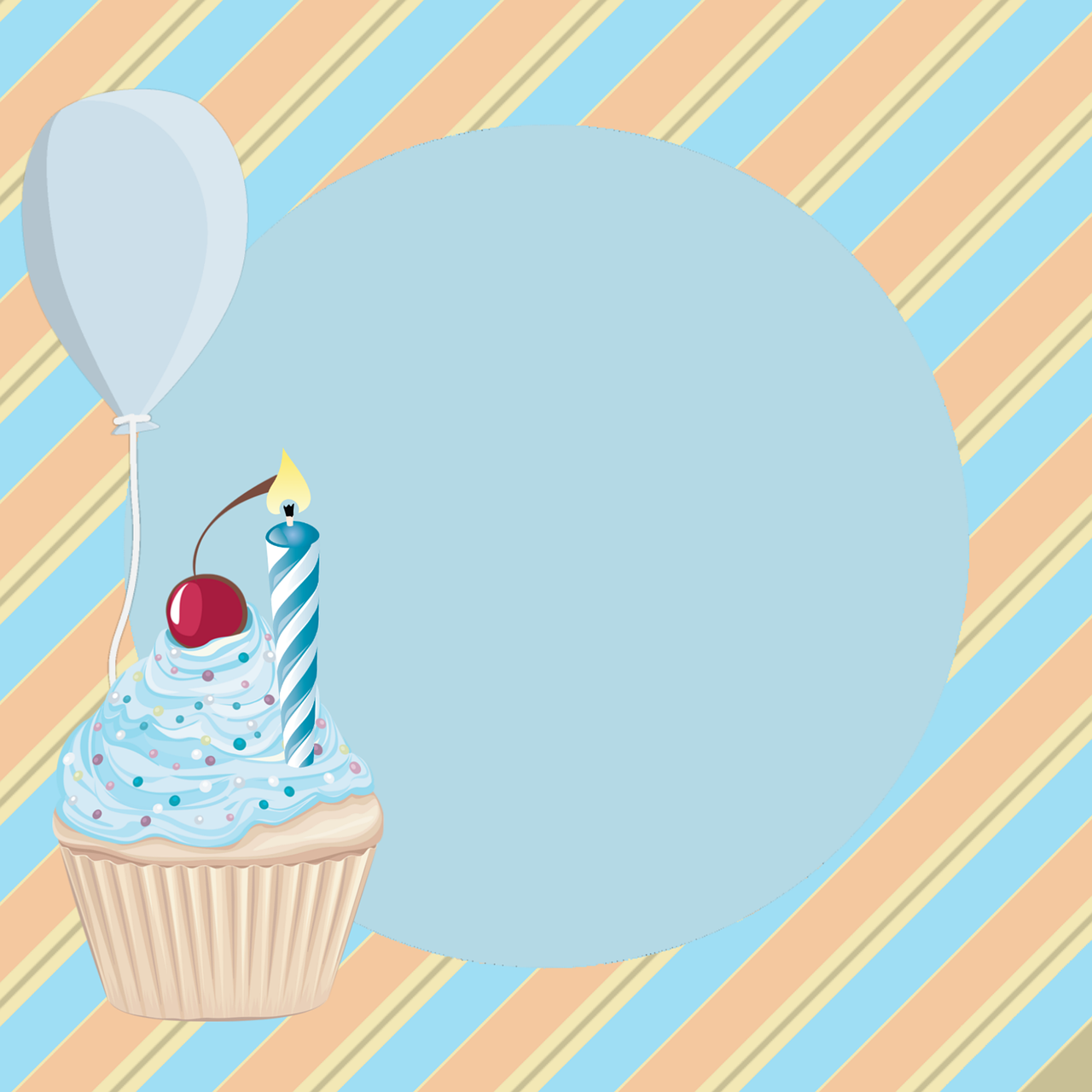 a cupcake with a candle and a cherry on top, a pastel, art deco, invitation card, striped, boys, balloon