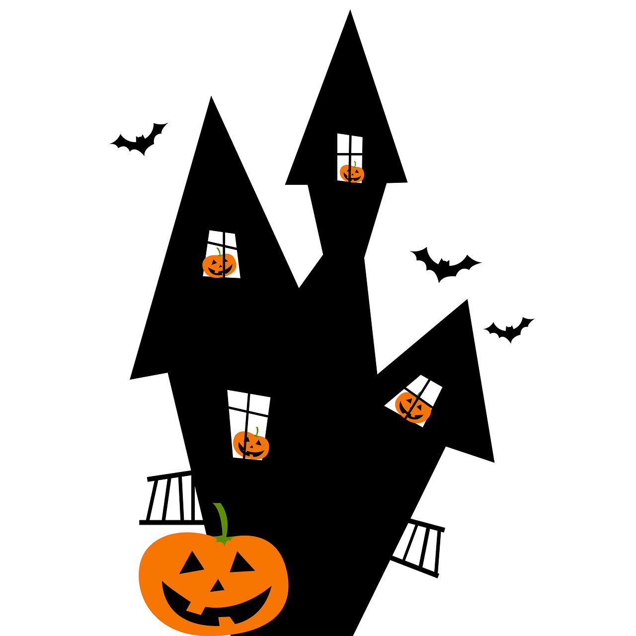 a black and white picture of a halloween house, a cartoon, shutterstock, sōsaku hanga, flat color, with a white background, tower, black and orange