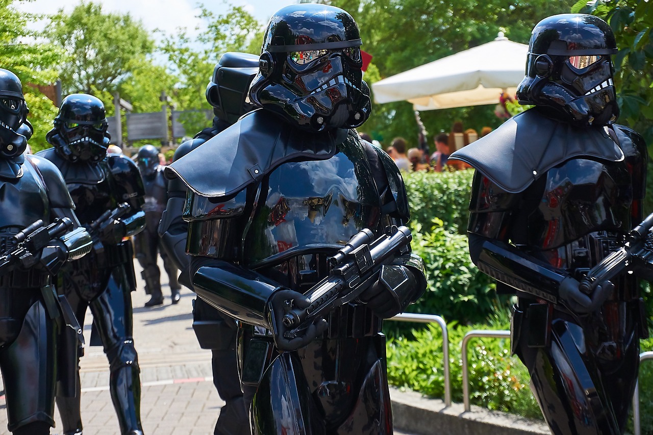 a group of people dressed up in star wars costumes, by Jan Stanisławski, flickr, sharp sleek edged black armor, upclose, july, idyllic