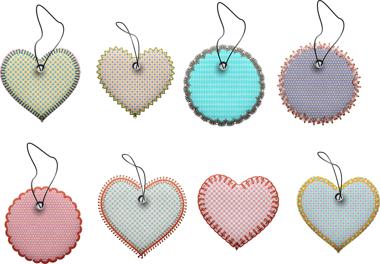 a bunch of heart shaped tags hanging from a string, digital art, inspired by Peter Alexander Hay, flickr, digital art, checkered motiffs, 3 d mesh, luminescent fabrics, close-ups
