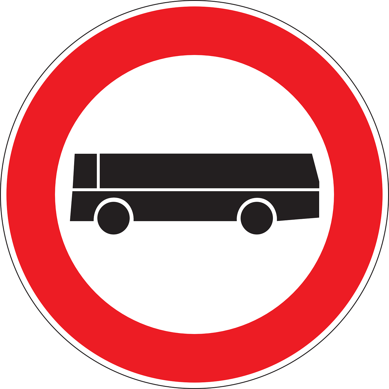 a black and white bus in a red circle, traffic signs, no logo!!!, european, forbidding