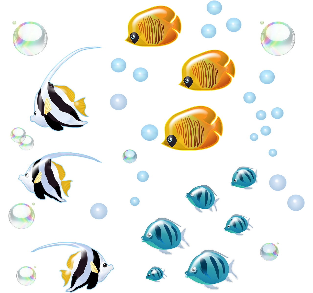 a group of fish and bubbles on a black background, an illustration of, butterflyfish, full res, an illustration, detailed screenshot