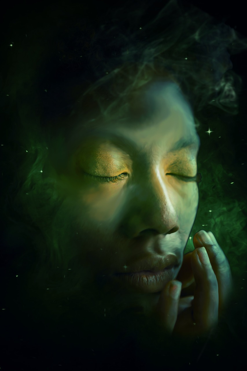 a close up of a person smoking a cigarette, an airbrush painting, trending on cg society, digital art, elven spirit meditating in space, portrait of a woman sleeping, transparent celestial light gels, green whispy fog