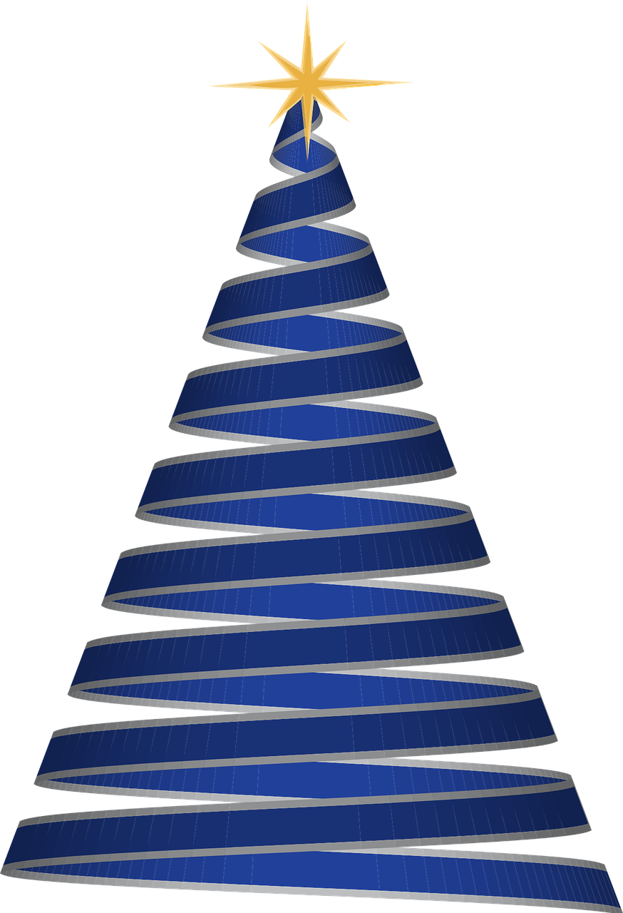 a blue christmas tree with a star on top, a raytraced image, inspired by Slava Raškaj, wide ribbons, spiral, front side view, police tape