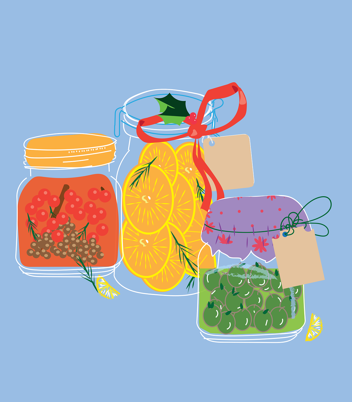 a group of jars filled with different types of food, an illustration of, naive art, organic ornaments, lemons, editorial illustration colorful, ribbon