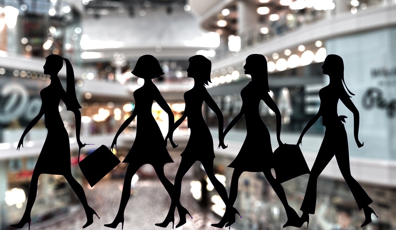 silhouettes of women walking in a shopping mall, an illustration of, by Myra Landau, shutterstock, several dolls in one photo, stock photo