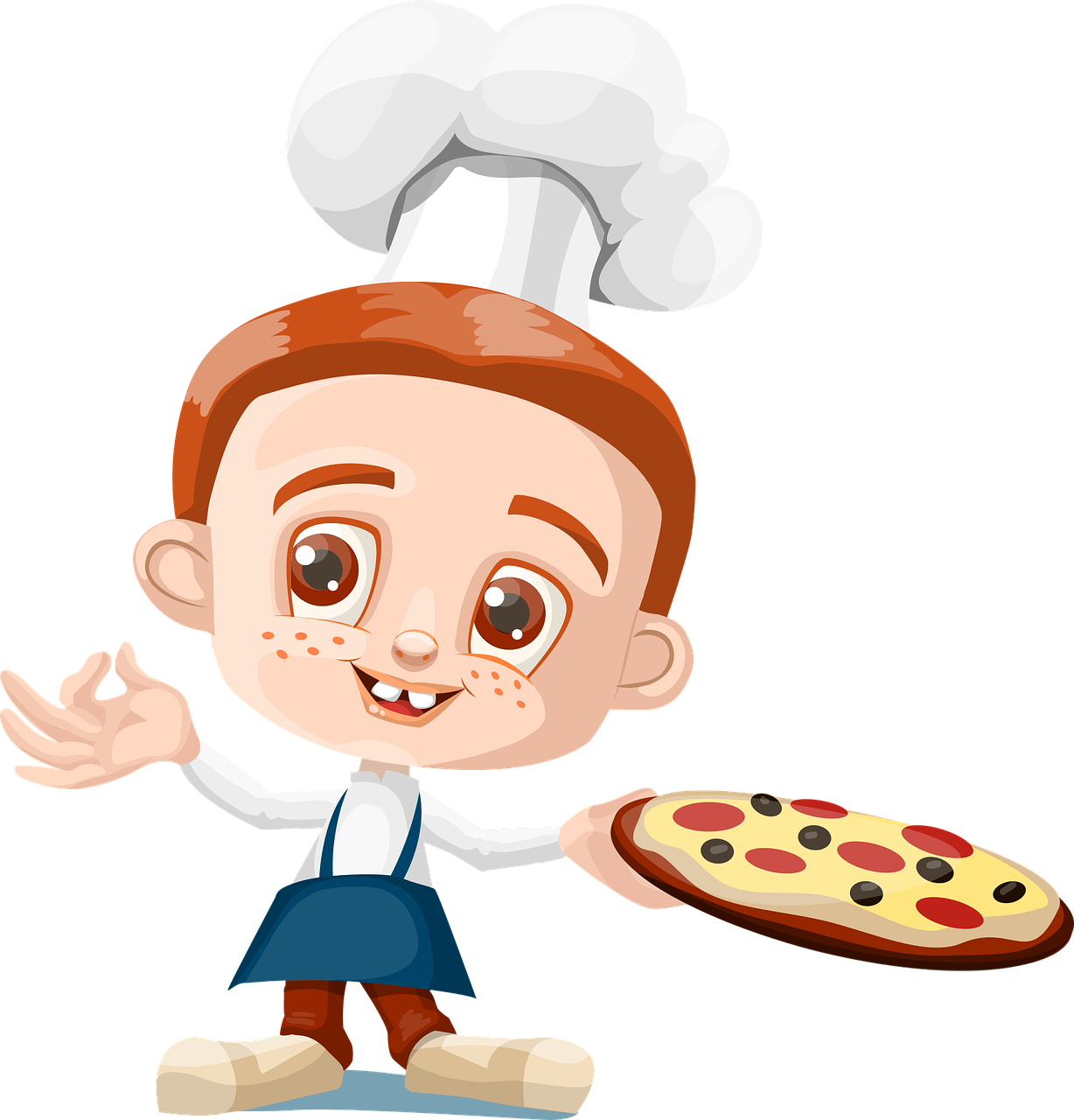 a cartoon boy in a chef's hat holding a pizza, a cartoon, by Nazmi Ziya Güran, pixabay, on black background, animated cartoon series, 8 k cartoon illustration, mascot illustration
