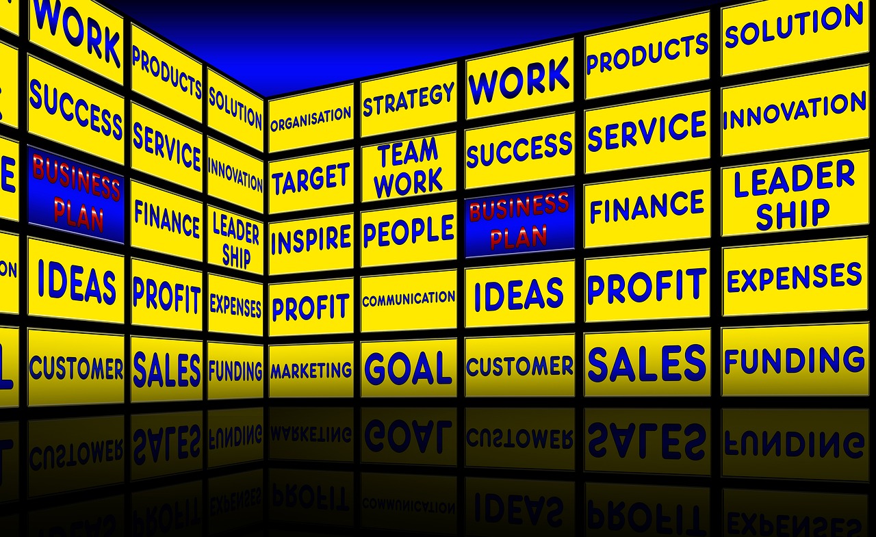 a wall that has a lot of words on it, by David Burton-Richardson, pixabay, blue and yellow theme, corporate business, sales, evening sun