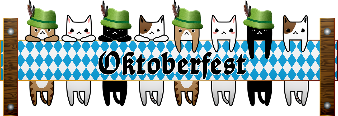 a group of cats sitting on top of a table, a digital rendering, by Ota Bubeníček, pixabay, art nouveau, octoberfest poster, header with logo, hat, sanrio