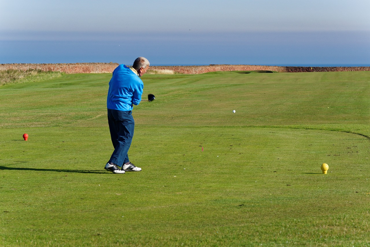 a man standing on top of a green field, a photo, by Robert Freebairn, shutterstock, mid action swing, seaside, tournament, long shot from back