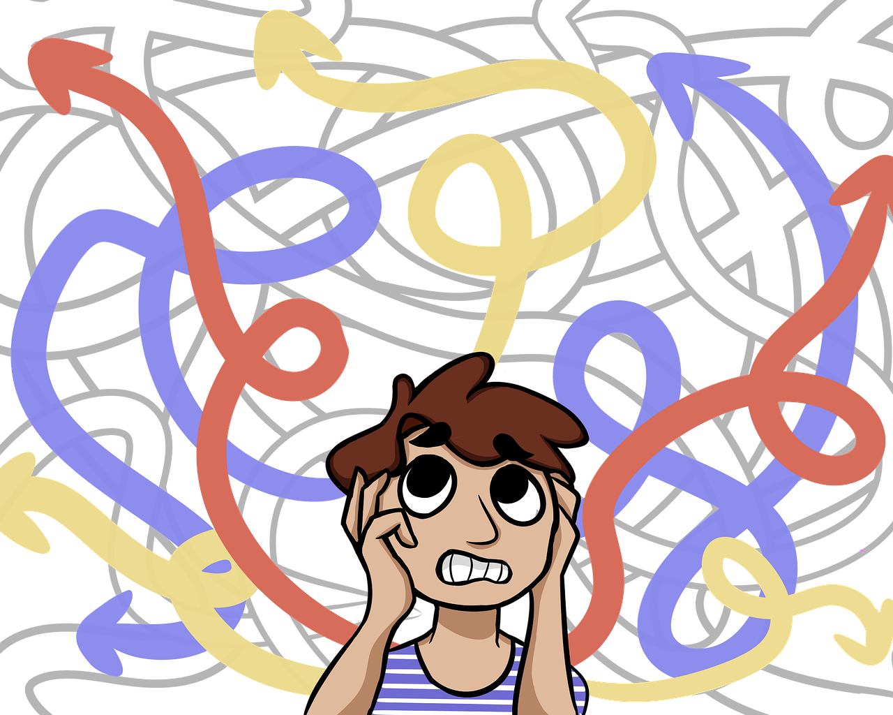 a drawing of a man talking on a cell phone, a cartoon, by Whitney Sherman, pexels, conceptual art, serpentine twisty maze, jaidenanimations, colored manga panel, looking confused